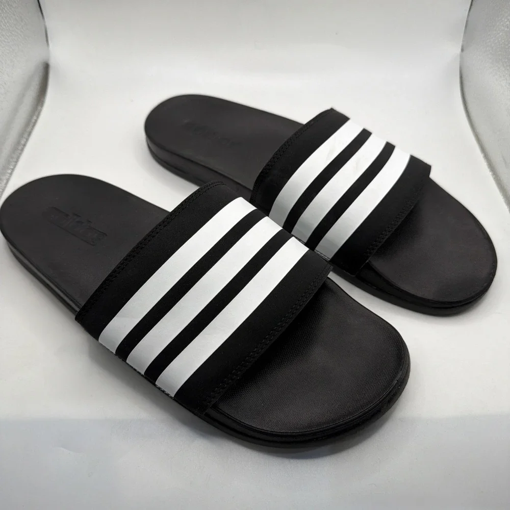 Adidas Adilette Comfort Slides - Black White Stripes - Men's 8/Women's 9